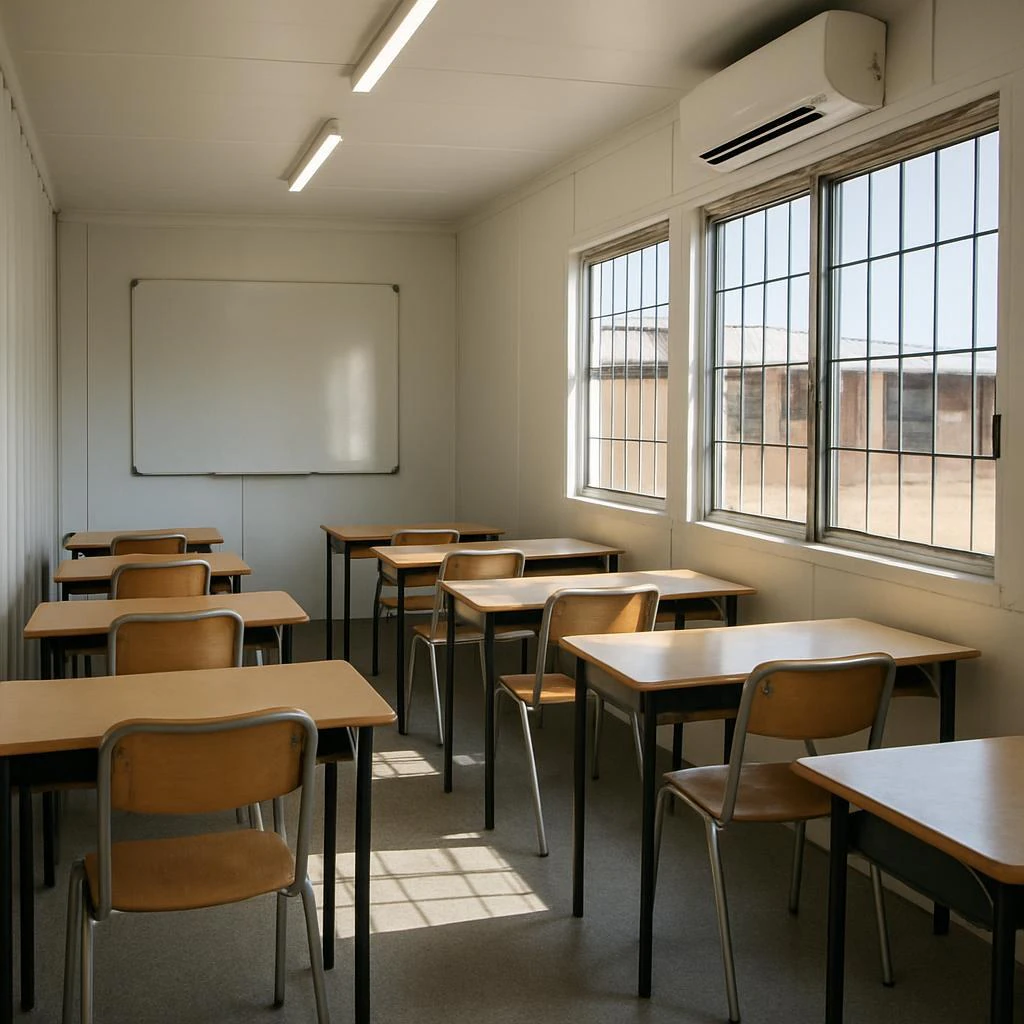 Inside a container classroom by A&A Containers, with desks, whiteboard and air conditioning