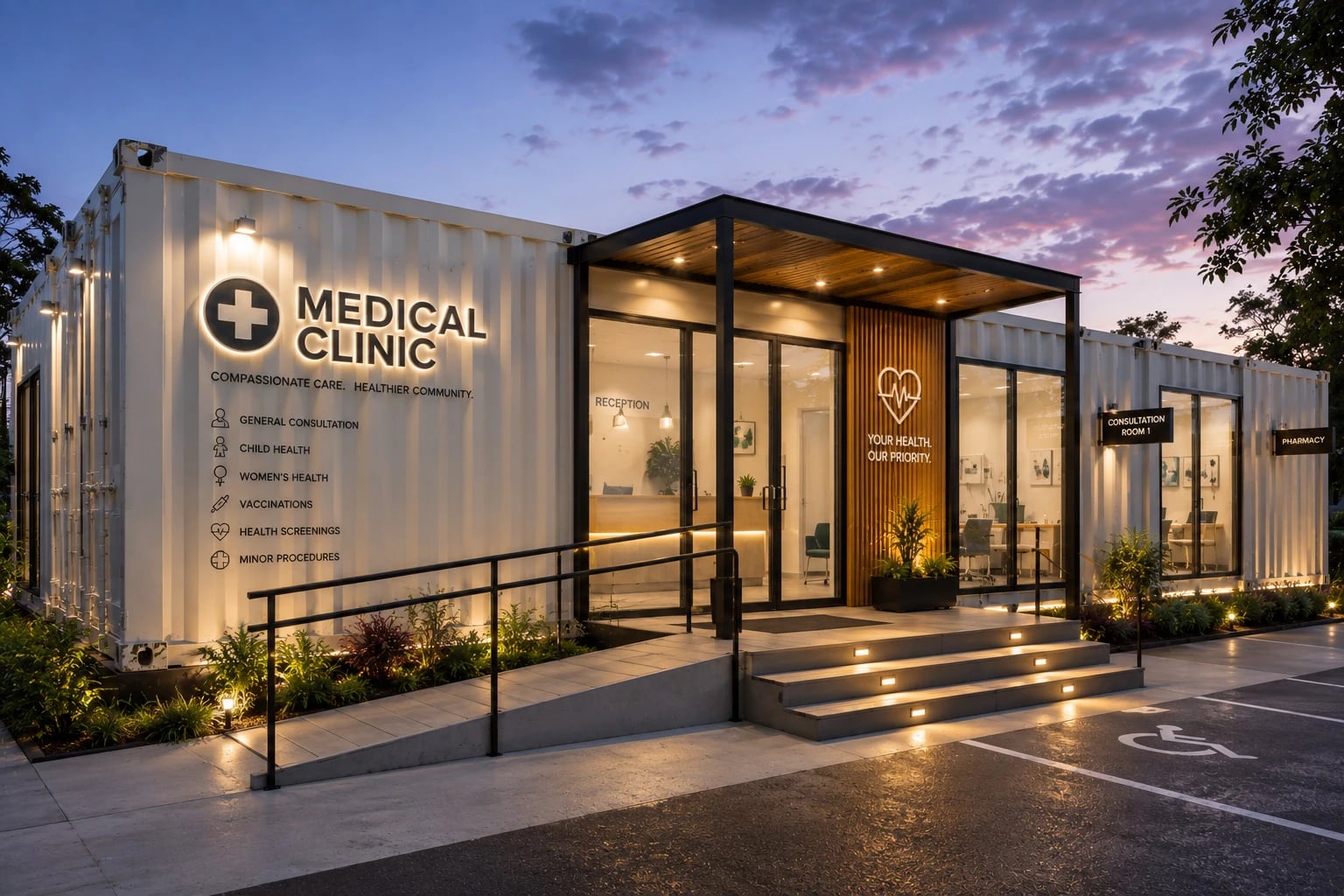 Deployed container medical clinic by A&A Containers with reception, consultation room and pharmacy