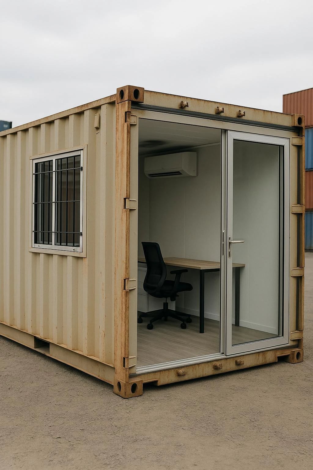 Container office by A&A Containers with glass door, fitted desk and air conditioning inside a converted unit