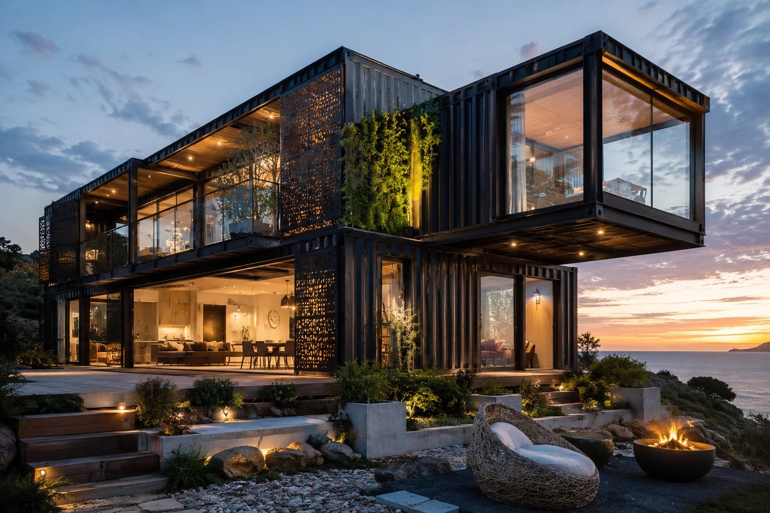 High-end multi-container showpiece home by A&A Containers with full-height glazing and screened facades