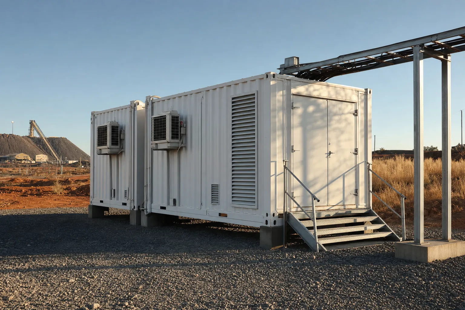 Containerised e-house switchroom units with HVAC and cable racking on a South African mining site