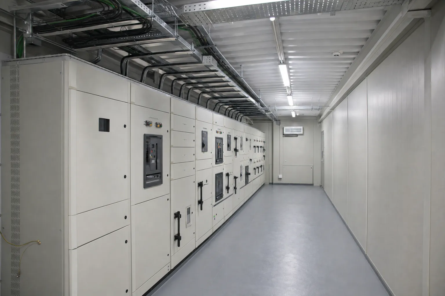 Inside a containerised e-house: low-voltage switchgear panels, overhead cable trays and LED lighting