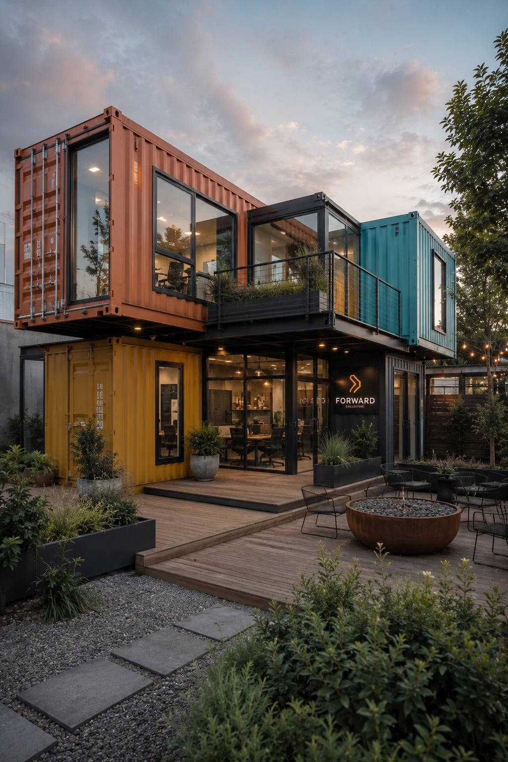 Shipping container converted into office space with windows and electrical fit-out