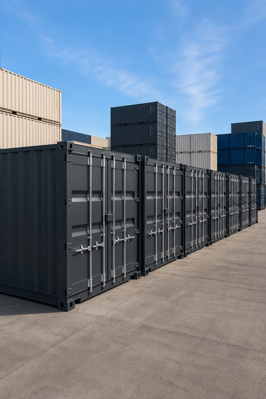 Rows of rental containers stacked in the yard