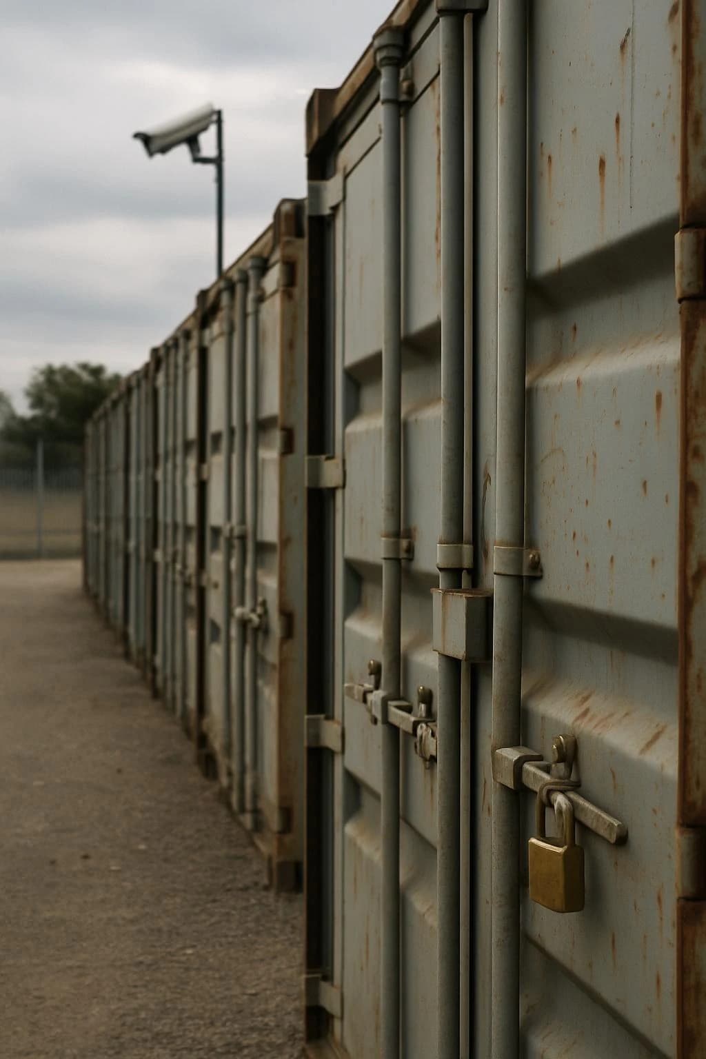Self-storage containers lined up in the guarded yard