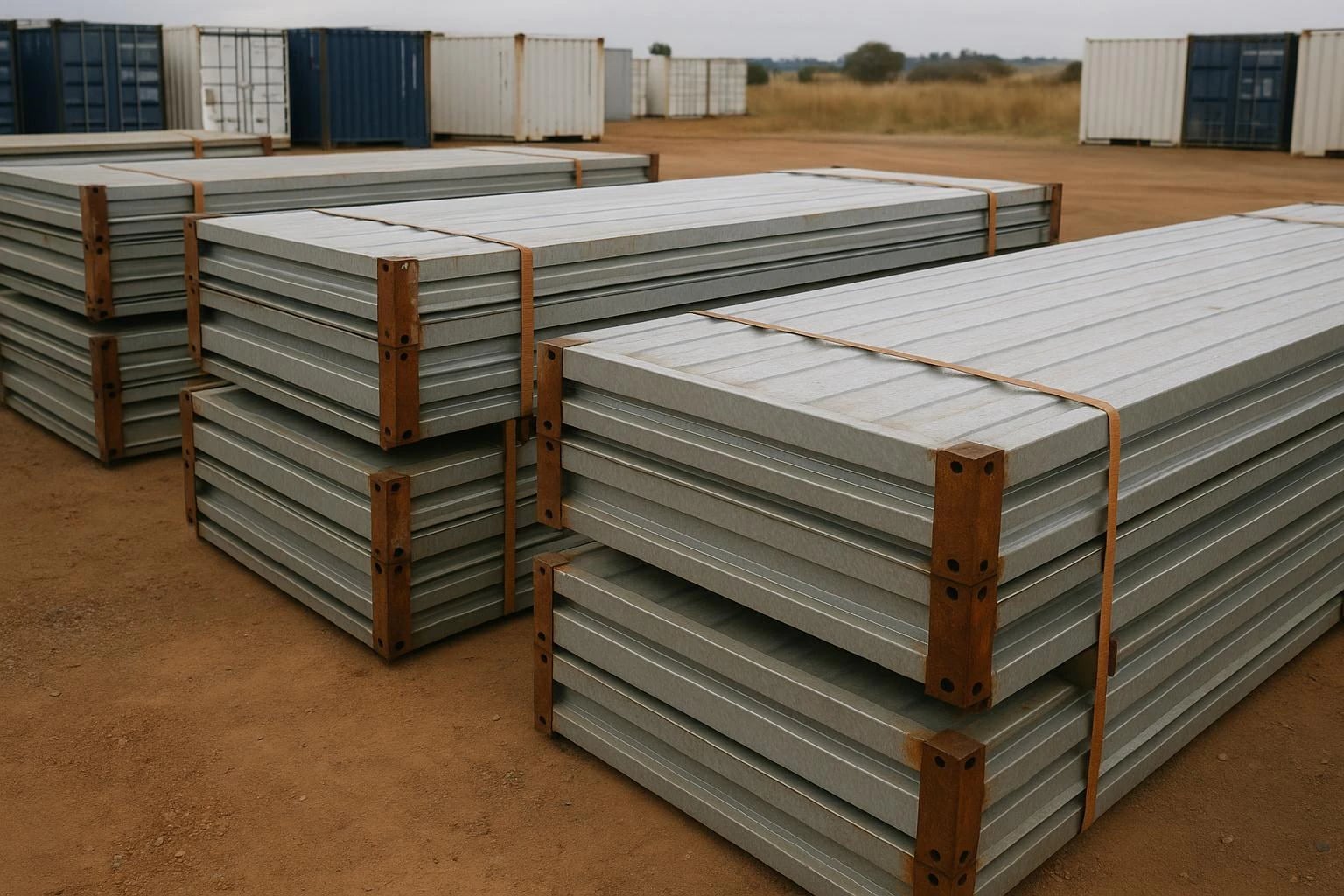 Flatpack containers collapsed and packed flat for efficient transport to remote sites by A&A Containers